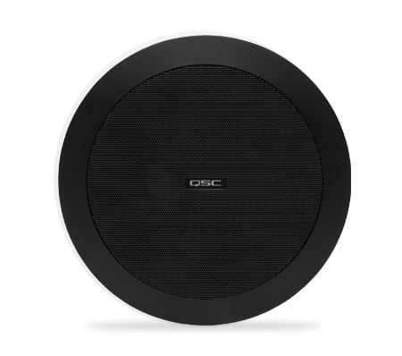 Front view of a black in color AD-C4T in-ceiling speaker