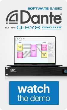 笔记本电脑上显示在Q-SYS硬件上部署了Q-SYS Designer Software。文字为：“观看演示”