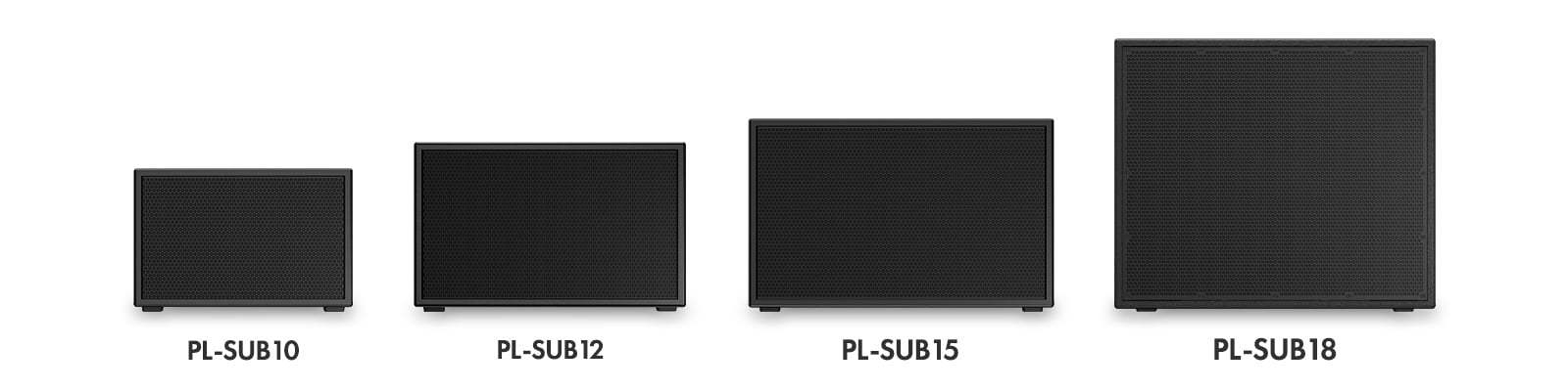 PL-SUB低音炮系列主图，该系列包括PL-SUB10、 PL-SUB12、 PL-SUB15、 PL-SUB18