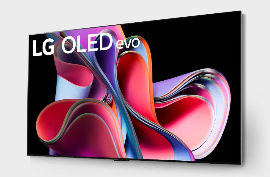 LG OLED evo消费类显示器的视图，屏幕上显示彩色图形