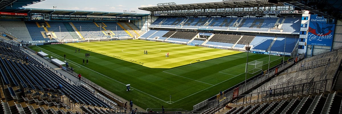 View of the soccer field of the SchücoArena from the stands