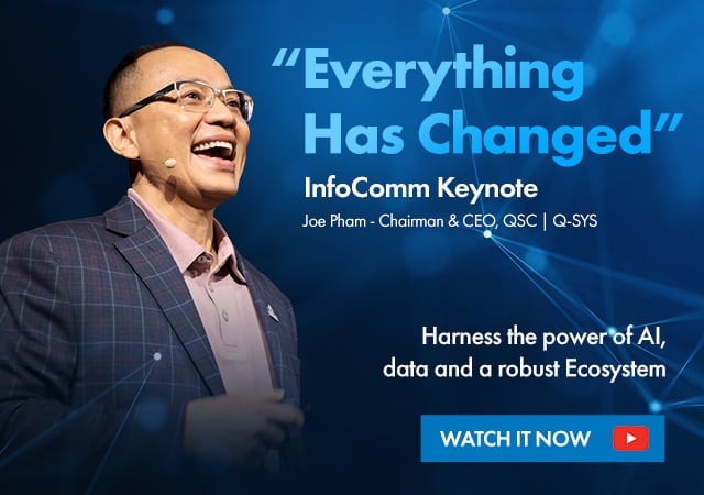 Q-SYS InfoComm主旨演讲的标题文字为：“Learn to harness the power of AI, data and a robust Ecosystem”（学习利用AI、数据和强大生态系统的力量）