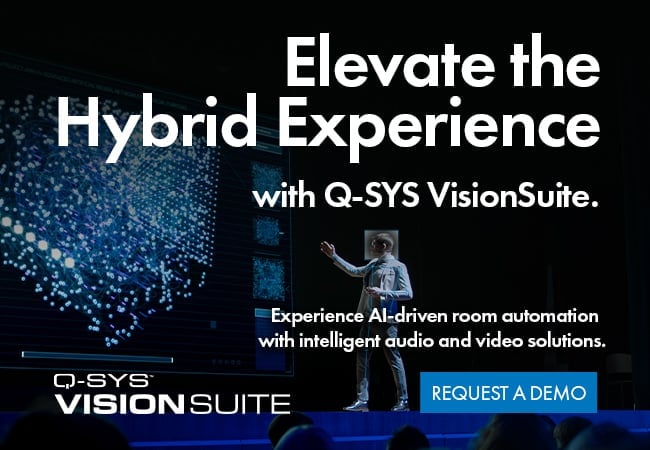 Q-SYS VisionSuite的标题文字为：“通过智能音视频解决方案体验AI驱动的房间自动化”